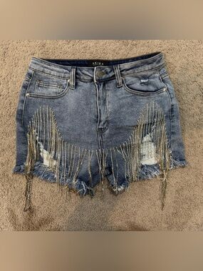 AKIRA Light Blue Denim Shorts with Gold Stitching
